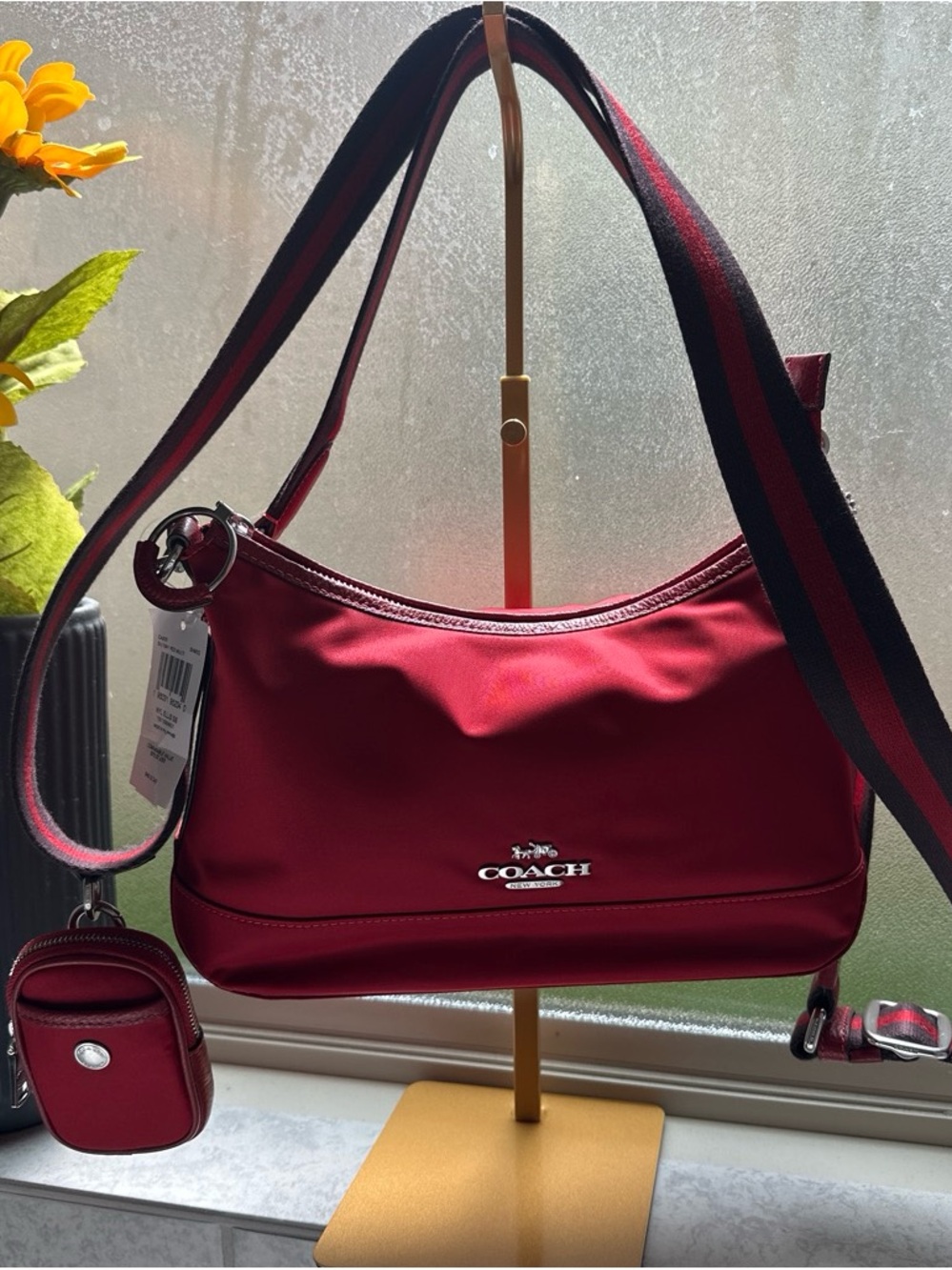 Coach Red Nylon Shoulder Bag with Striped Strap and Pouch